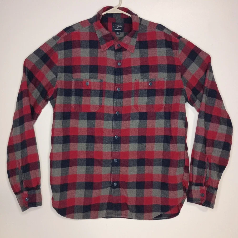 J Crew Flannel Shirt Mens Large Blue Gray Red Plaid Cotton Long Sleeve‎ Pockets